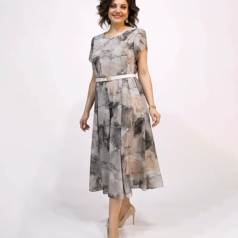 Dámské elegantní kulatý výstřih krátký rukáv Midi šaty