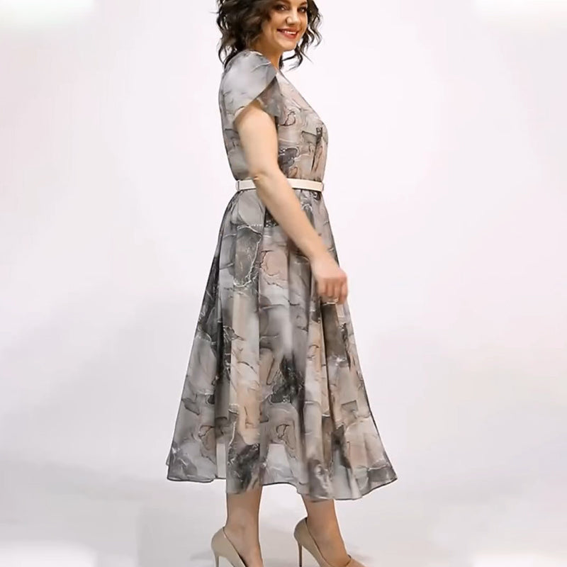 Dámské elegantní kulatý výstřih krátký rukáv Midi šaty