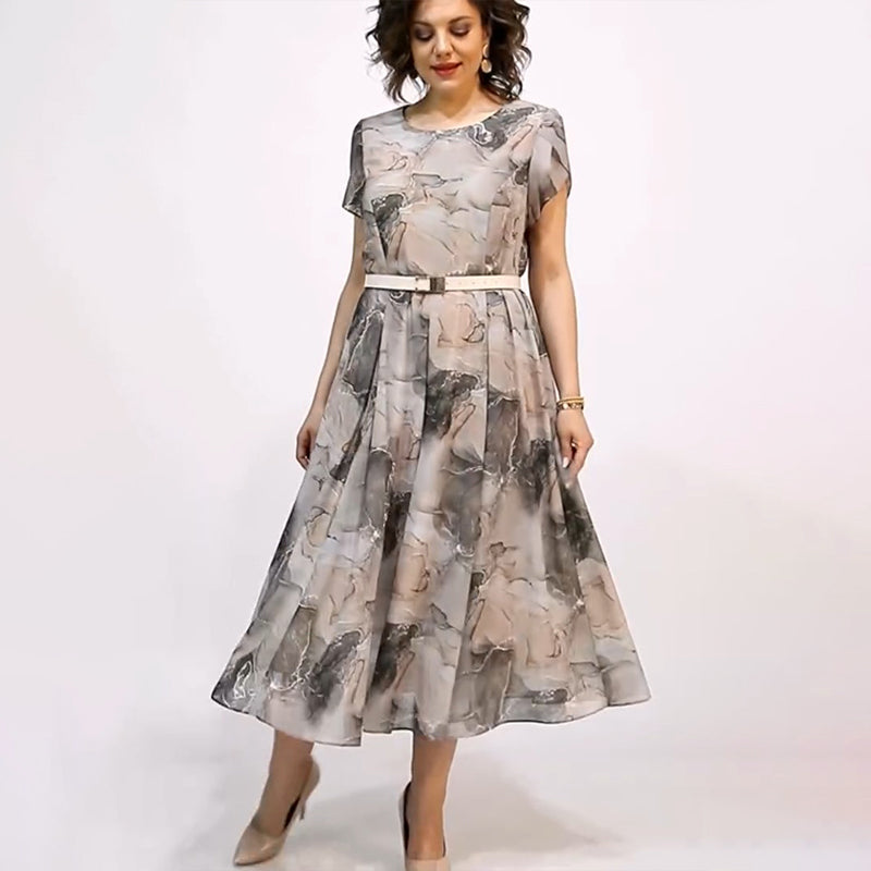 Dámské elegantní kulatý výstřih krátký rukáv Midi šaty