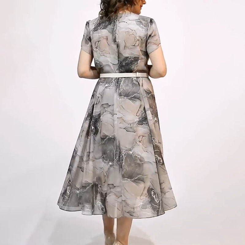 Dámské elegantní kulatý výstřih krátký rukáv Midi šaty