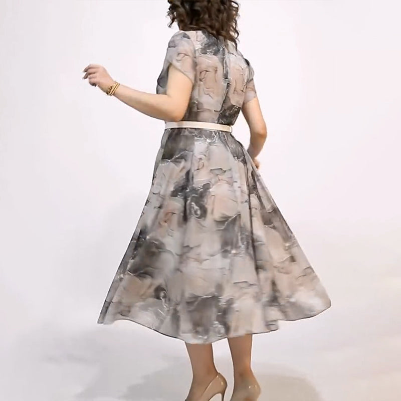 Dámské elegantní kulatý výstřih krátký rukáv Midi šaty