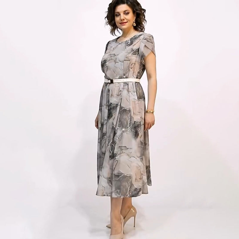 Dámské elegantní kulatý výstřih krátký rukáv Midi šaty