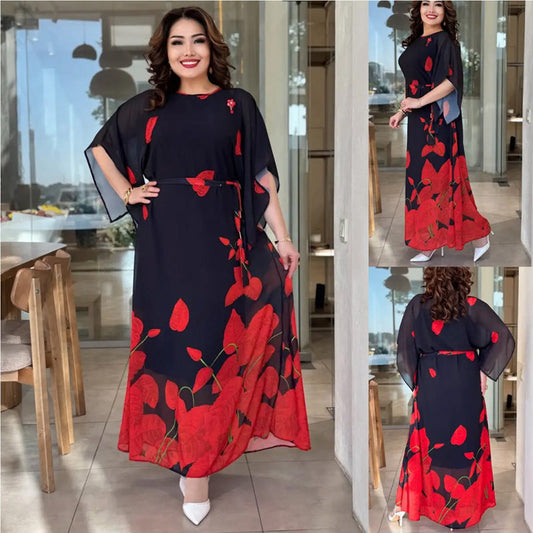 👗 Volné šaty s kulatým výstřihem a páskem 🌸 | Květinový potisk | Nastavitelná silueta