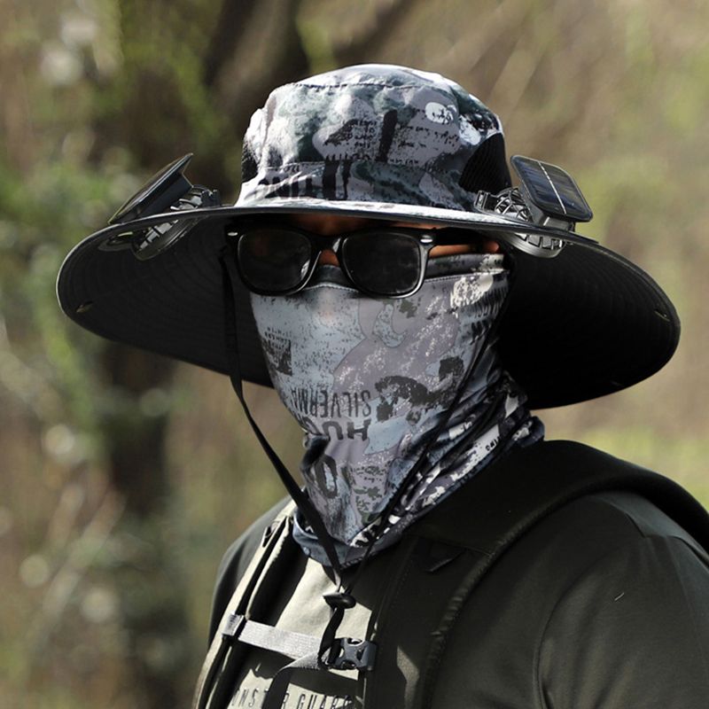 Pánský rybářský klobouk se 2 odnímatelnými solárními ventilátory