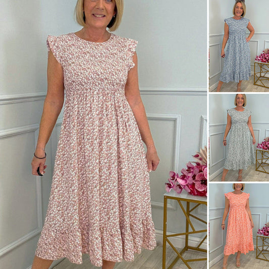 Elegantní dámské květinové šaty s vysokým pasem a volánem na rukávu