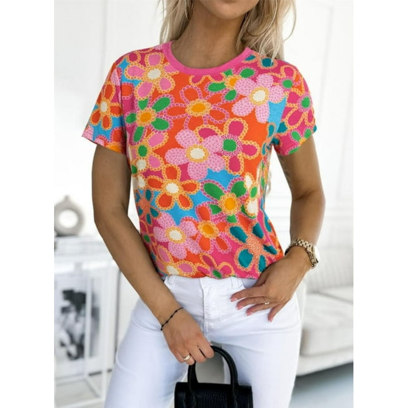 Dámské růžové tričko s květinovým potiskem