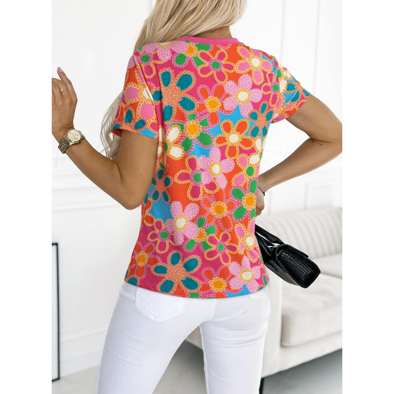 Dámské růžové tričko s květinovým potiskem