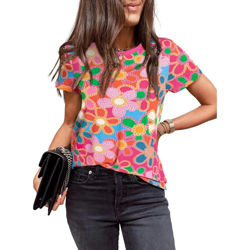 Dámské růžové tričko s květinovým potiskem