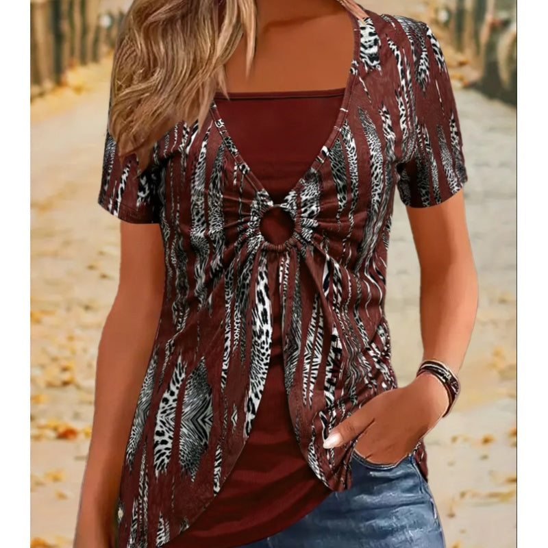 🔥Dámské vintage tričko s krátkým rukávem a leopardím potiskem, čtvercovým výstřihem