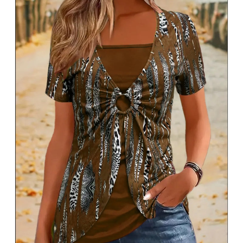 🔥Dámské vintage tričko s krátkým rukávem a leopardím potiskem, čtvercovým výstřihem