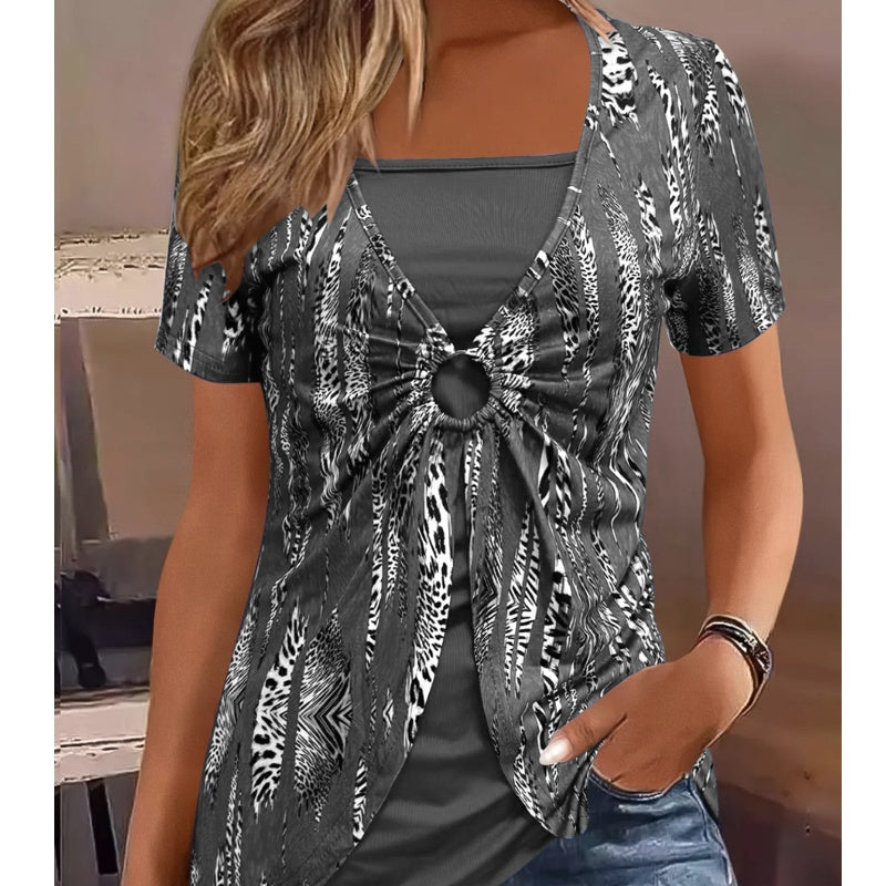 🔥Dámské vintage tričko s krátkým rukávem a leopardím potiskem, čtvercovým výstřihem