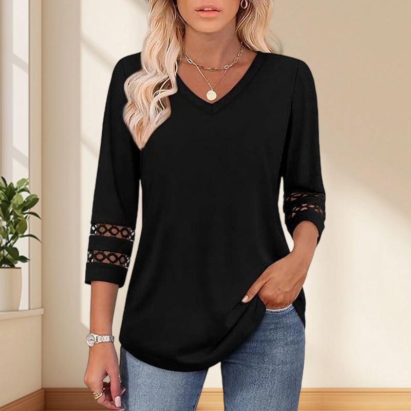 🌺[S-3XL]👚✨ Klasický jednobarevný top s výstřihem do V a 3/4 rukávy