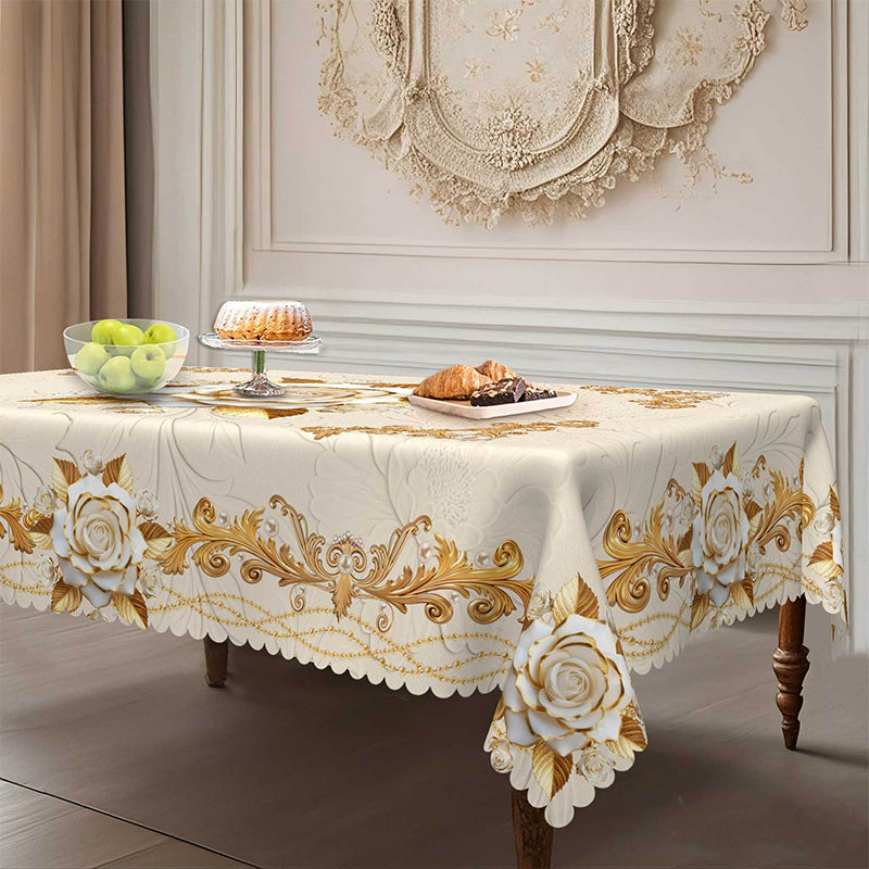 Luxusní evropský ubrus - pozlacené růže, reliéfní vzor, vodotěsný, elegantní dekorace do obývacího pokoje