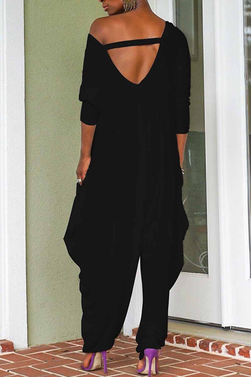 Dámský módní overal s kulatým výstřihem a volnými zády s volnými nohavicemi