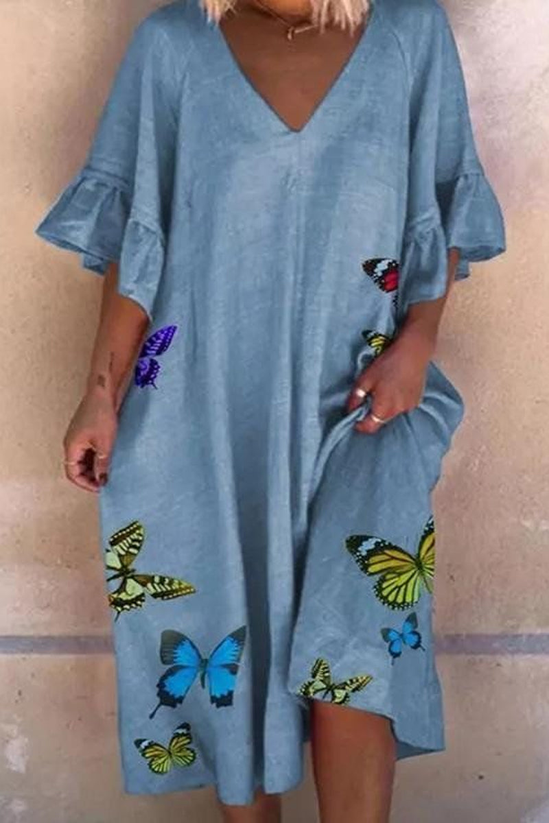 Dámské neformální šaty s potištěnými V volánovými rukávy