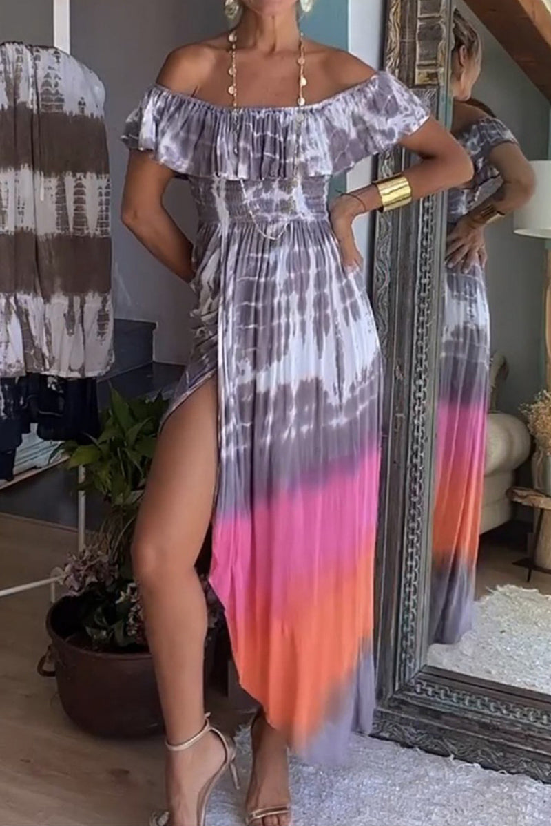 Dámské maxi šaty s rozparkem a kravatou bez zavazování přes rameno