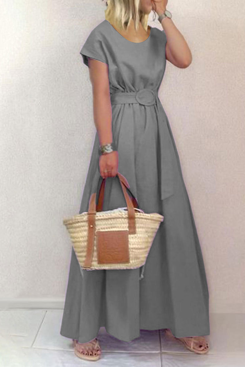 Maxi šaty s kulatým výstřihem, jednobarevné, velké swing pas