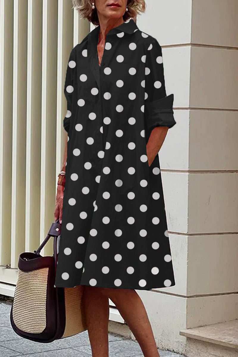 Dámské puntíkované jednoduché šaty Midi s klopou s dlouhým rukávem