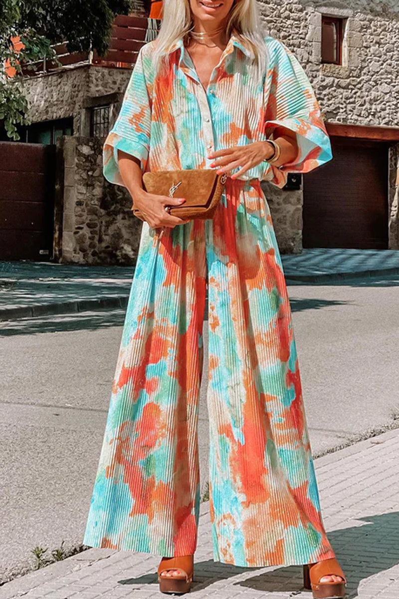 Dámský ležérní, rozmazaný, barevný overal s širokými nohavicemi v bohémském stylu