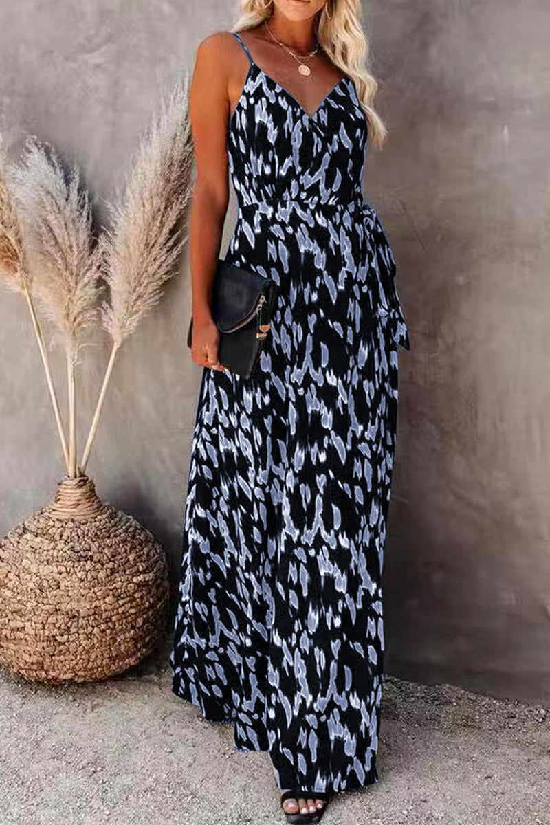 Dámské sexy maxi šaty s rozparkem na pásek s potiskem