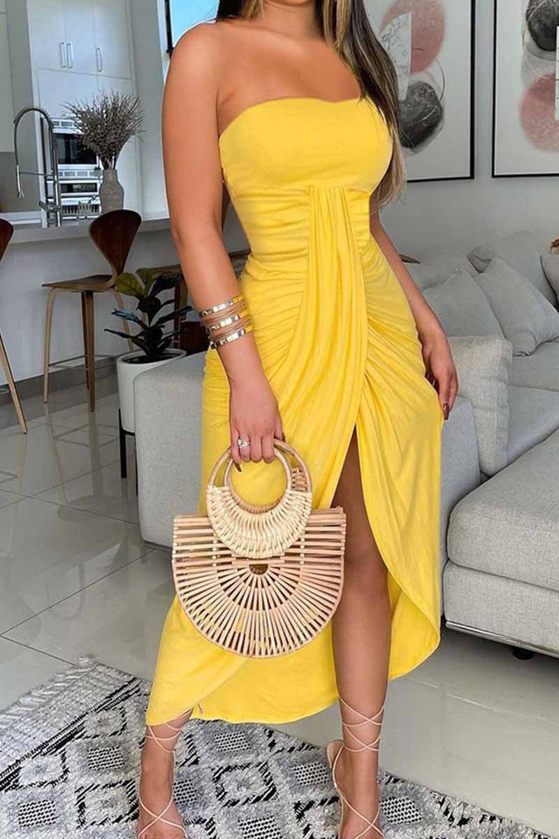 Dámské zavinovací hrudník bez ramínek jednobarevné midi šaty s vysokým rozparkem v pase se stahovací šňůrkou