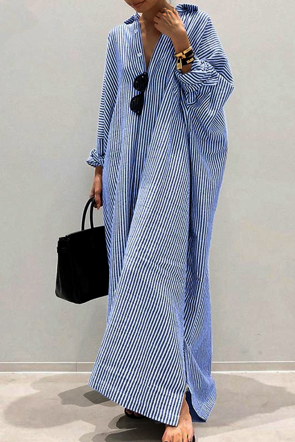 Dámské pruhované rovné košilové šaty s 3/4 rukávem