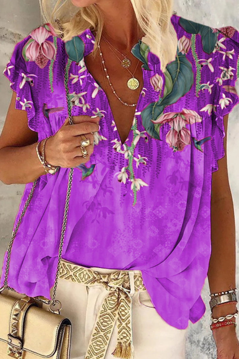 Dámské tričko s krátkým rukávem s potištěným výstřihem do V