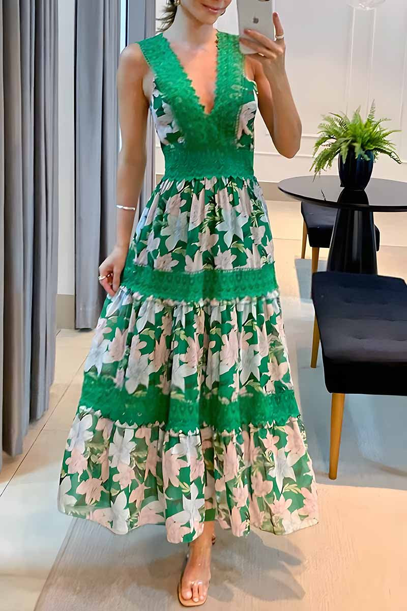 Dámské maxi šaty s krajkovým květinovým potiskem s výstřihem do V bez rukávů