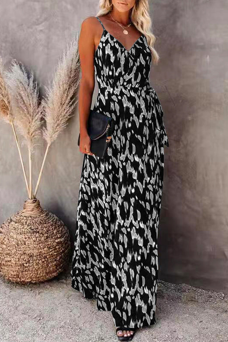 Dámské sexy maxi šaty s rozparkem na pásek s potiskem