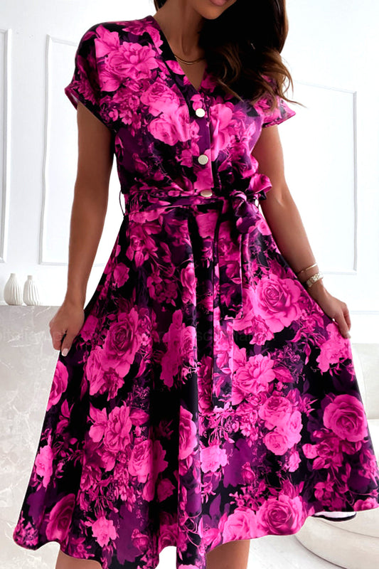 Dámské potištěné šaty s kravatou a výstřihem do V s krátkým rukávem