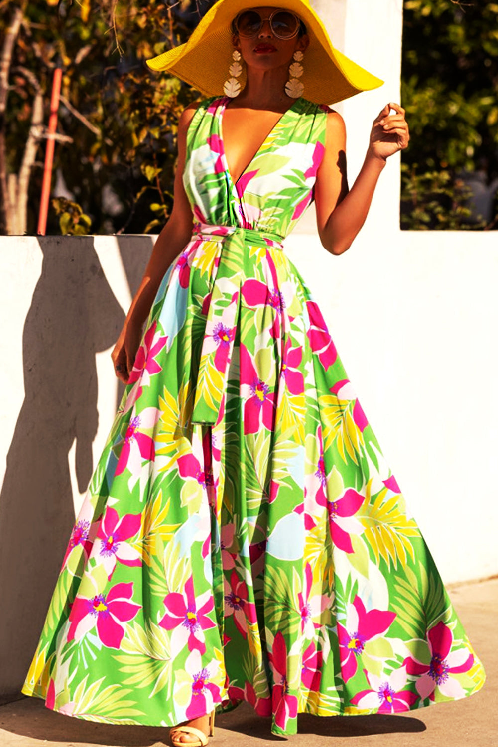 Dámské maxi šaty s úzkým zeleným potiskem na knoflíky v západním stylu