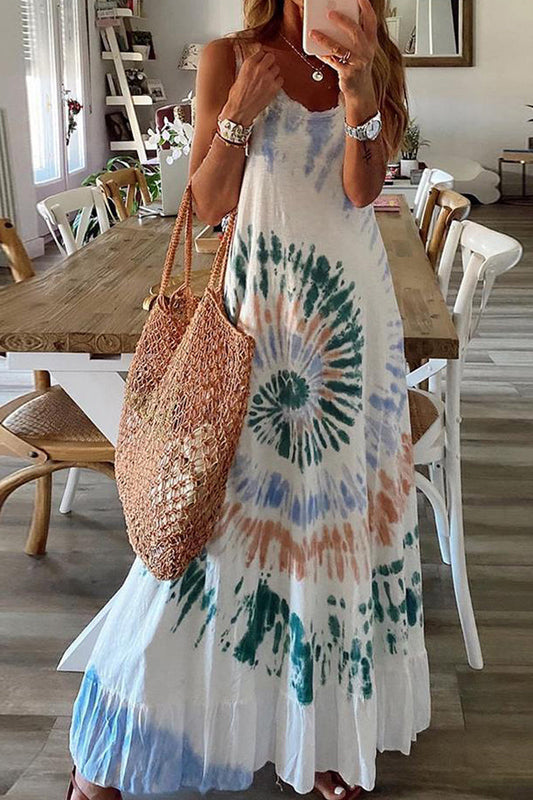 Dámské swingové maxi šaty s kravatou bez rukávů s barevným potiskem