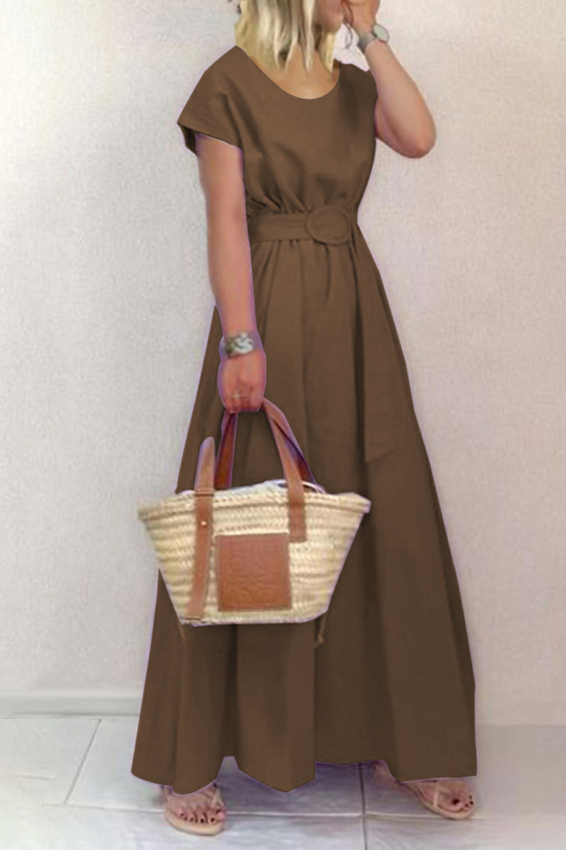 Maxi šaty s kulatým výstřihem, jednobarevné, velké swing pas