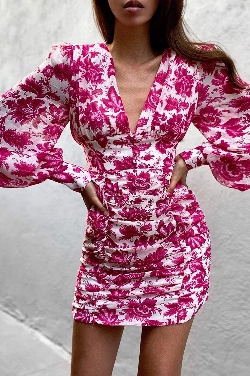 Dámské zavinovací šaty s dlouhým rukávem a výstřihem do V s potiskem