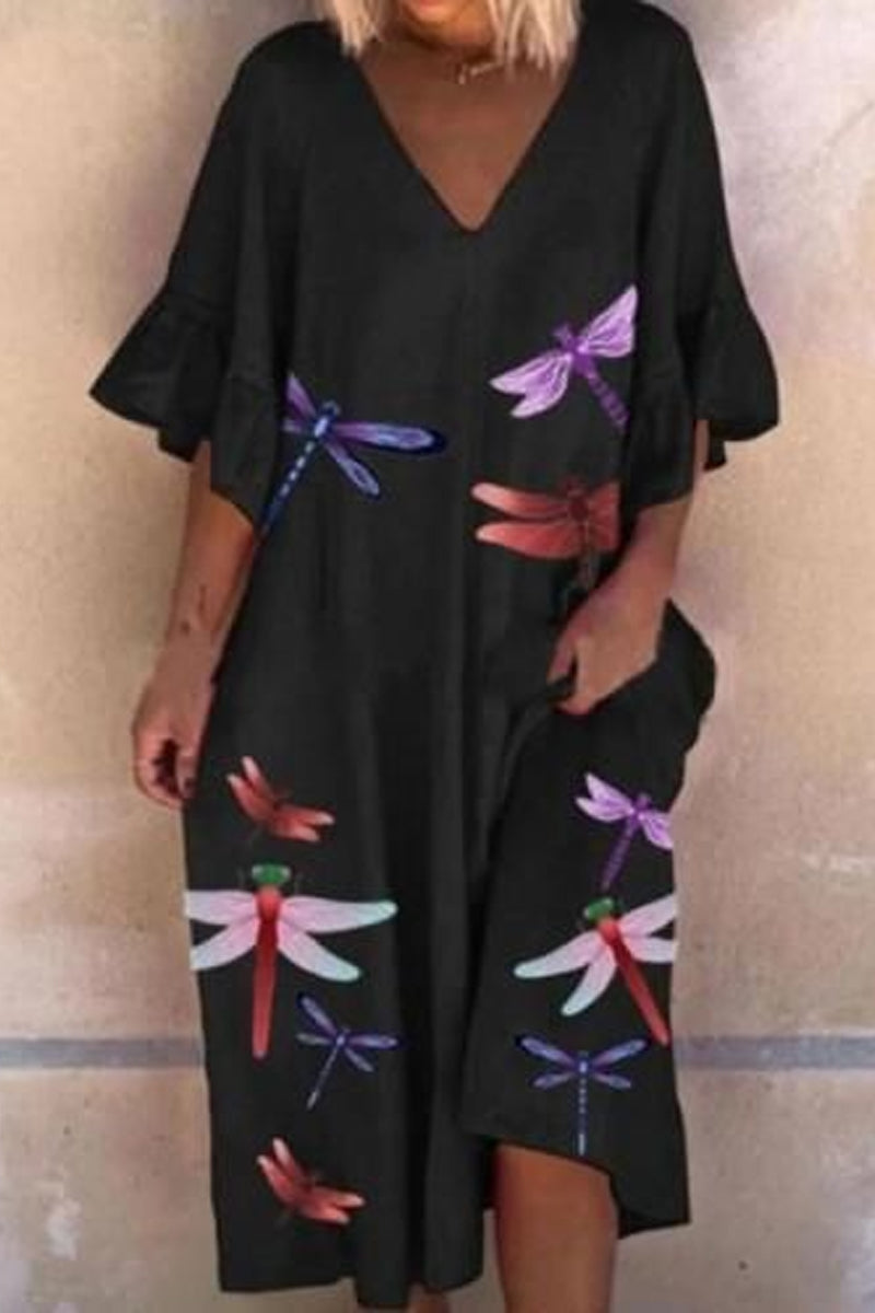 Dámské neformální šaty s potištěnými V volánovými rukávy