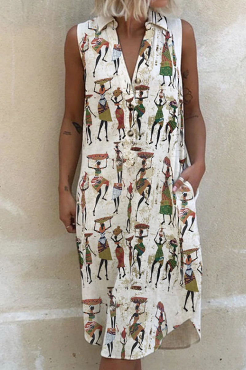 Dámské midi šaty s volným potiskem na klopě bez rukávů