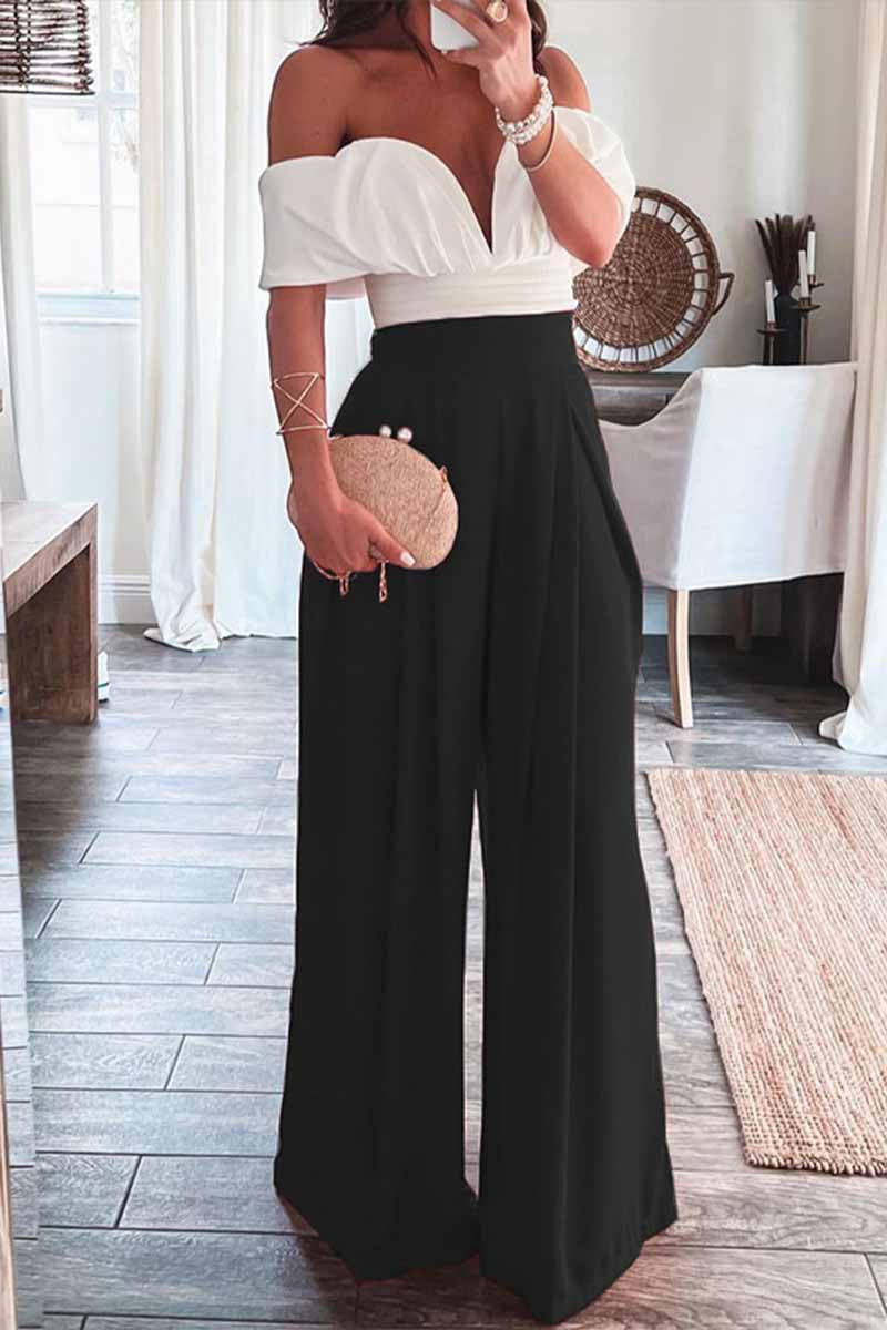 Dámská souprava módních kombinéz se širokými nohami bez ramínek a výstřihem do V