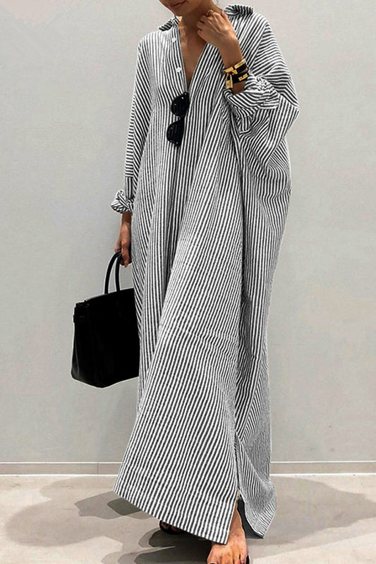 Dámské pruhované rovné košilové šaty s 3/4 rukávem