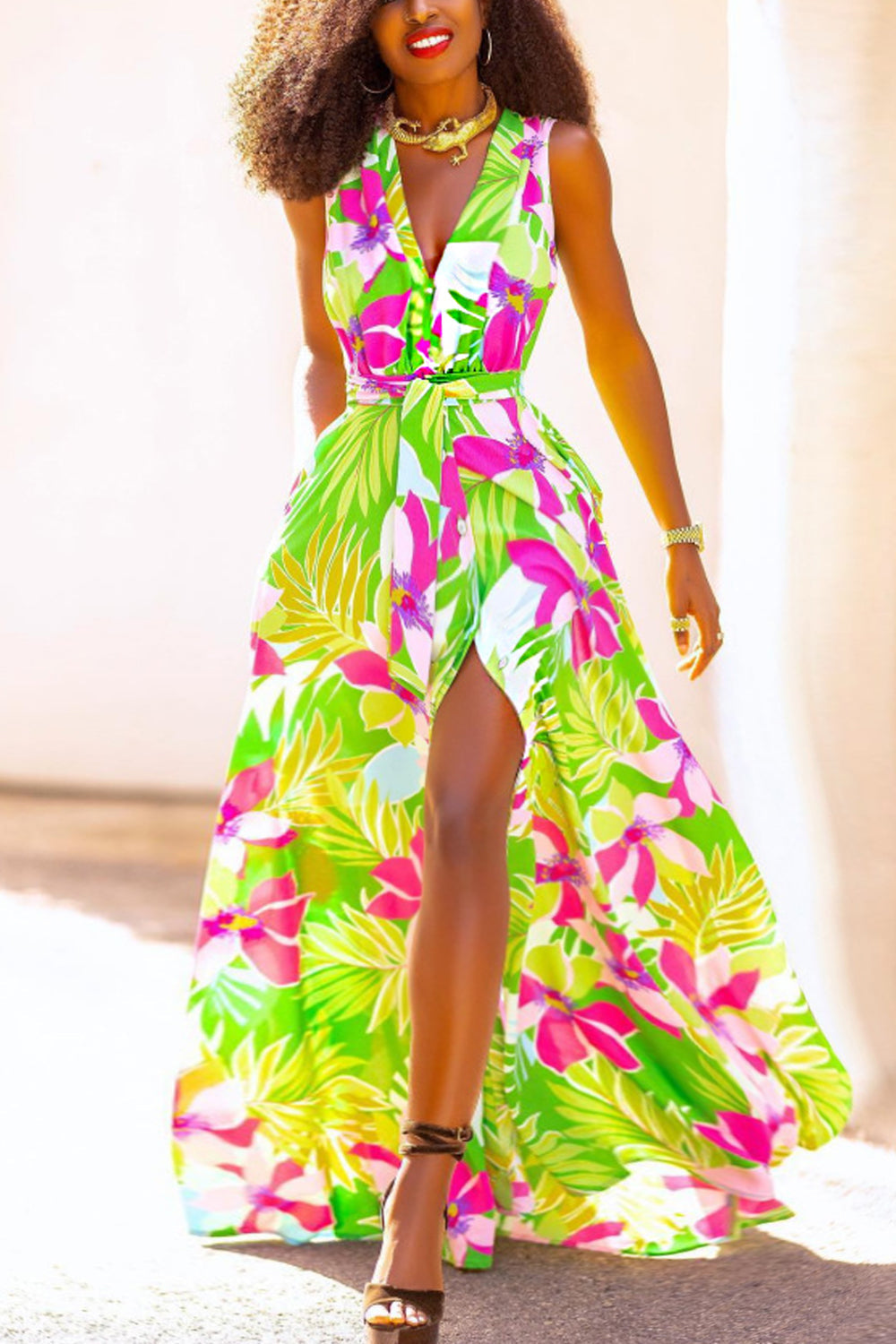 Dámské maxi šaty s úzkým zeleným potiskem na knoflíky v západním stylu