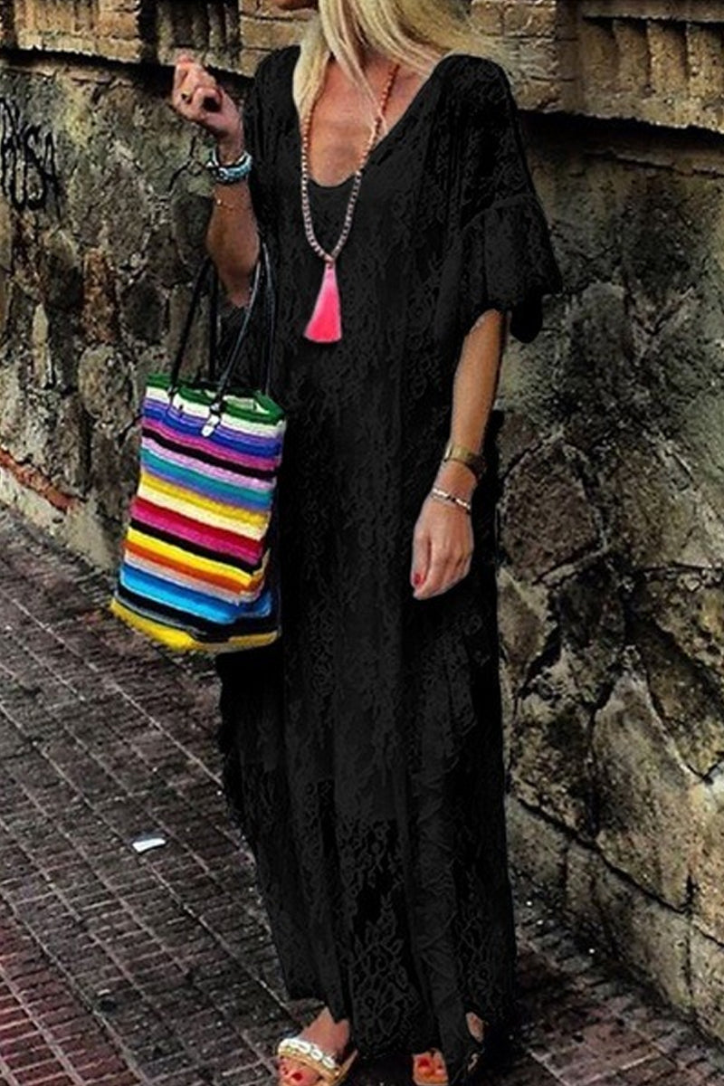 Dámské sexy krajkové háčkované šaty s krátkým rukávem s výstřihem do V