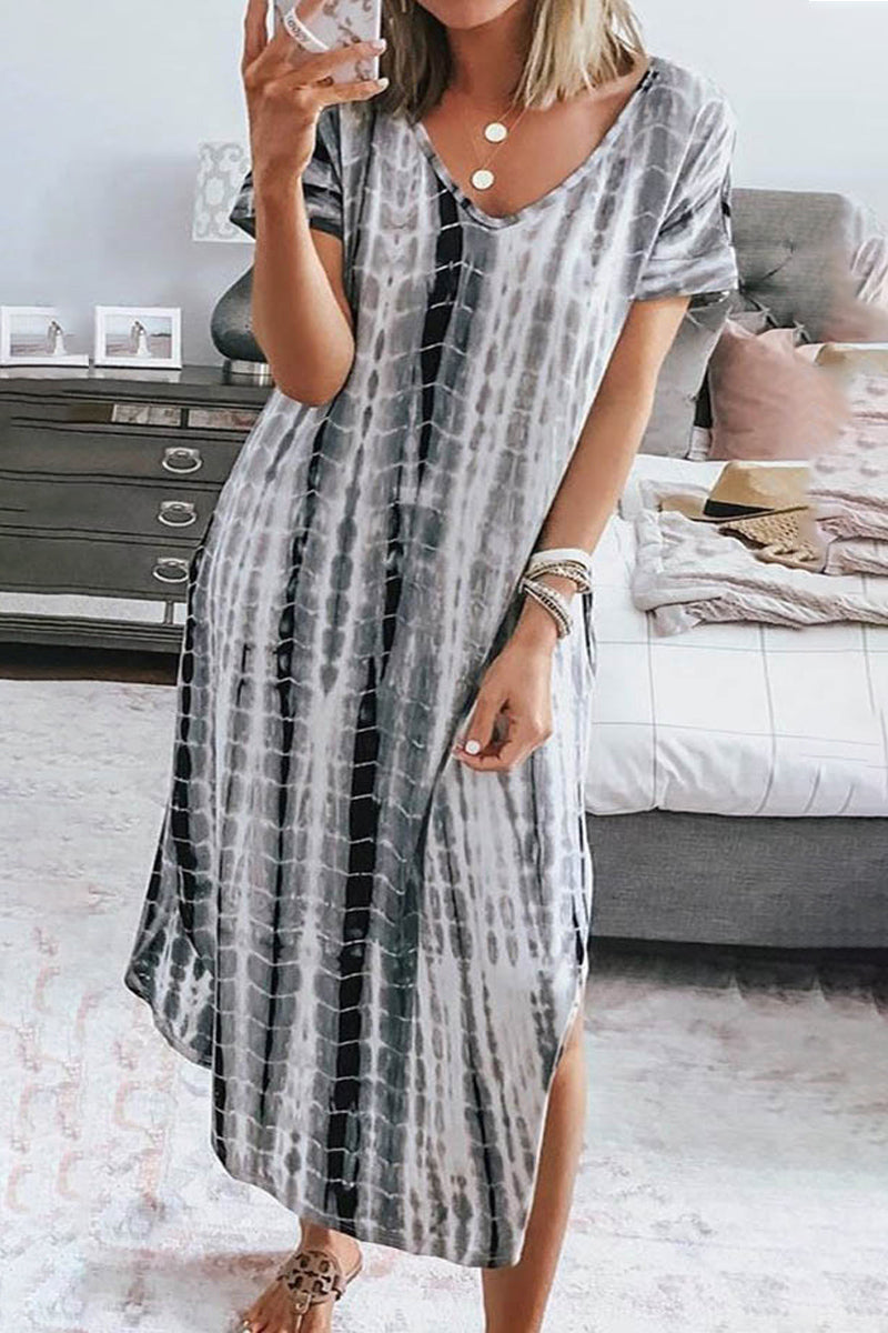 Dámské volné nepravidelné maxi šaty s výstřihem do V s výstřihem do V s potiskem