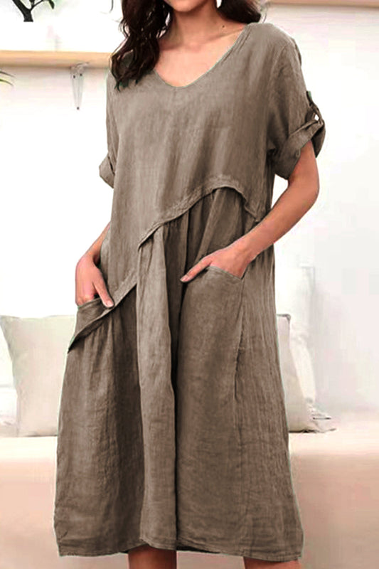 Dámské plátěné šaty s výstřihem do V s krátkým rukávem