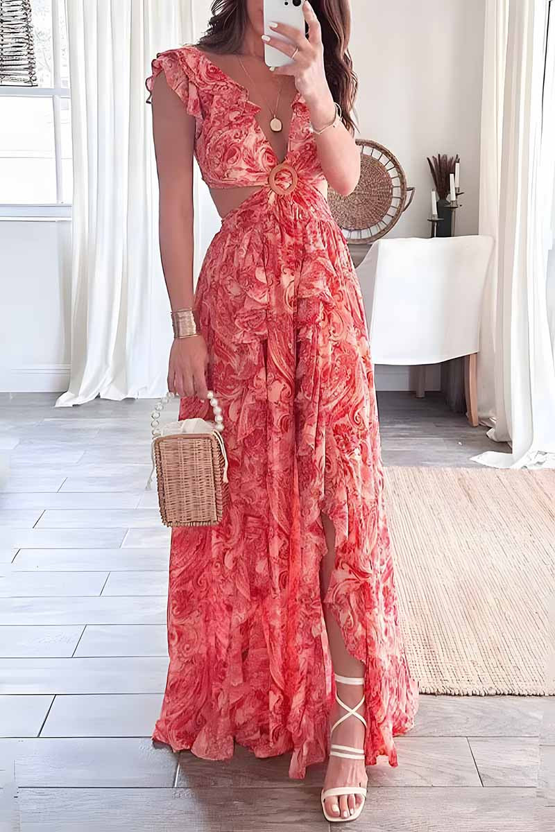 Dámské letní módní maxi šaty s krajkovým nařaseným rukávem