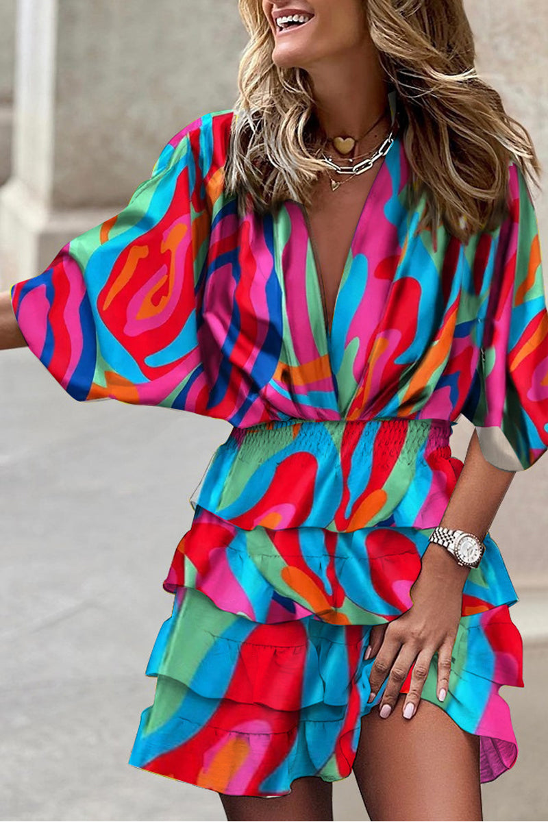 Dámské barevné kontrastní šaty Dolman s výstřihem do V s nepravidelným lemem