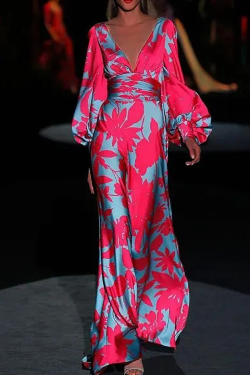 Dámské úzké šaty s balonovými rukávy s módním potiskem a výstřihem do V. Maxi šaty