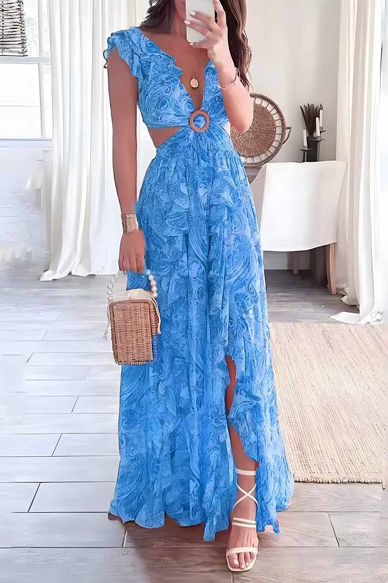 Dámské letní módní maxi šaty s krajkovým nařaseným rukávem