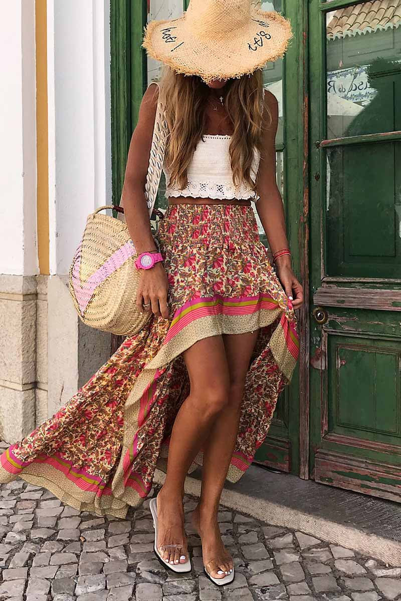 Dámská nepravidelná prázdninová sukně Peplum s vysokým pasem s potiskem