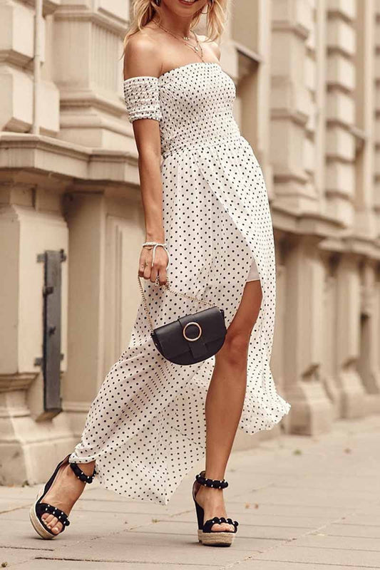 Dámské splývavé midi šaty s bohémským puntíkem