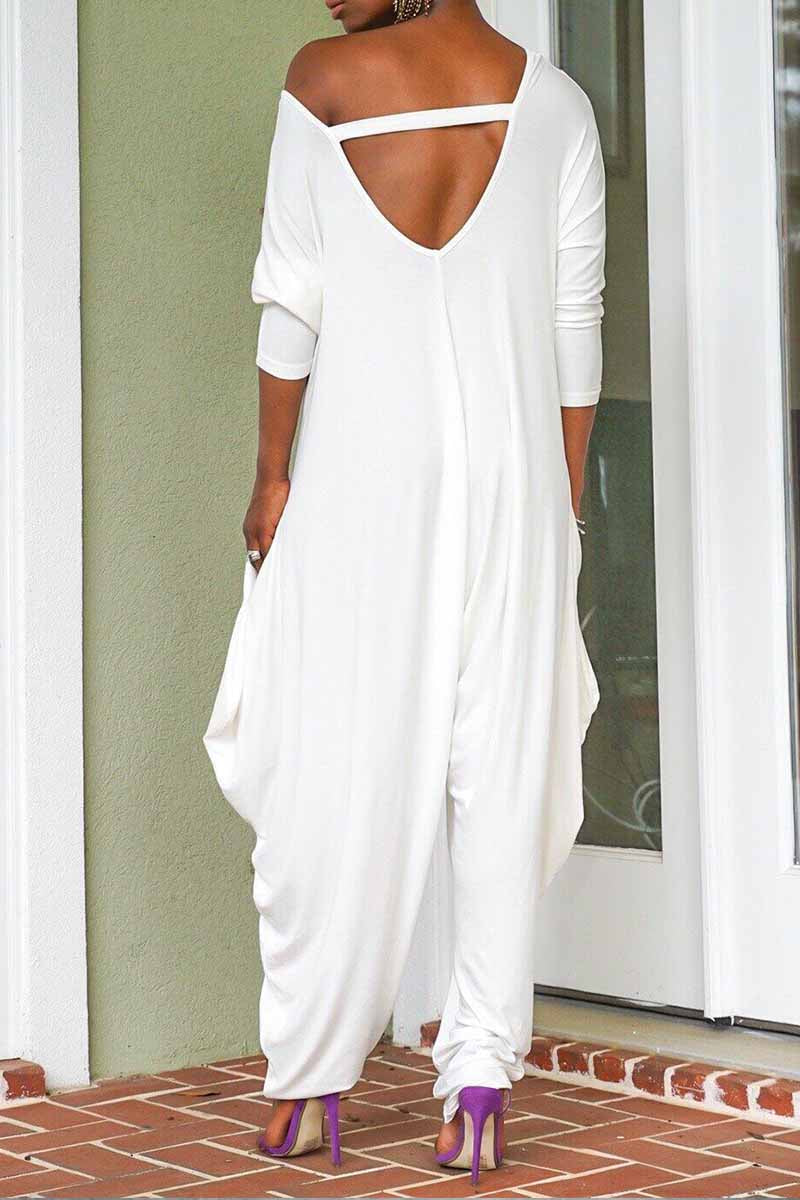 Dámský módní overal s kulatým výstřihem a volnými zády s volnými nohavicemi