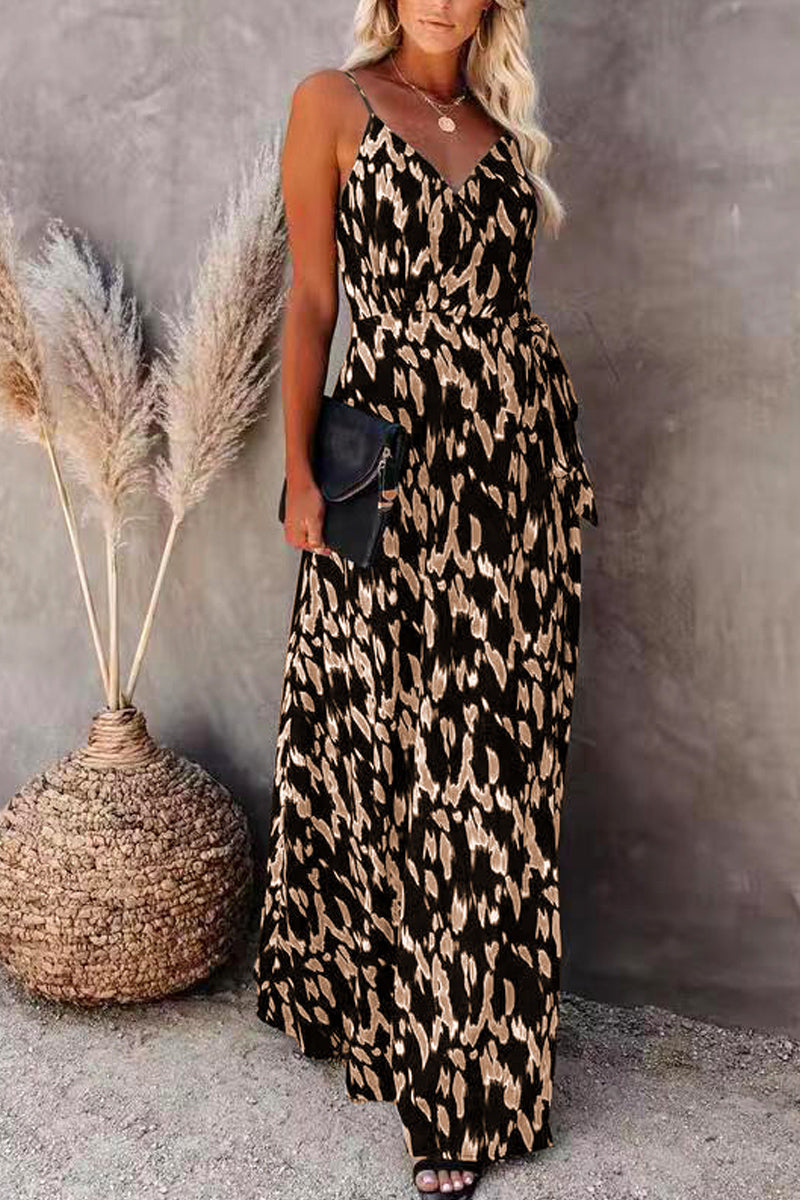 Dámské sexy maxi šaty s rozparkem na pásek s potiskem